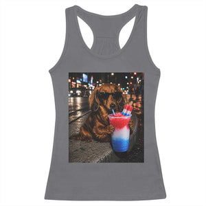 4th Of July Dachshund Drinking Slushie Racerback Tank Top Patriotic 250 Anniversary USA Dog Lovers Funny Meme