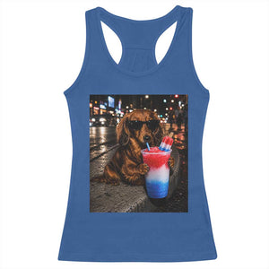 4th Of July Dachshund Drinking Slushie Racerback Tank Top Patriotic 250 Anniversary USA Dog Lovers Funny Meme