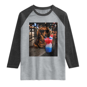 4th Of July Dachshund Drinking Slushie Raglan Shirt Patriotic 250 Anniversary USA Dog Lovers Funny Meme