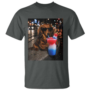 4th Of July Dachshund Drinking Slushie T Shirt Patriotic 250 Anniversary USA Dog Lovers Funny Meme TS10 Dark Heather Print Your Wear