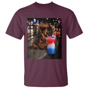 4th Of July Dachshund Drinking Slushie T Shirt Patriotic 250 Anniversary USA Dog Lovers Funny Meme TS10 Maroon Print Your Wear