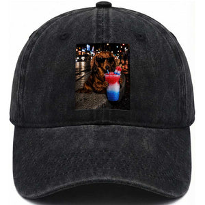 4th Of July Dachshund Drinking Slushie Washed Cotton Baseball Cap Patriotic 250 Anniversary USA Dog Lovers Funny Meme