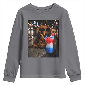 4th Of July Dachshund Drinking Slushie Youth Sweatshirt Patriotic 250 Anniversary USA Dog Lovers Funny Meme