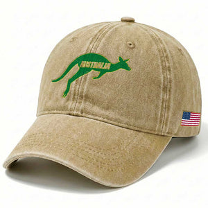 Vintage Kangaroo Australia Washed Cotton Baseball Cap Patriotic Country Pride Graphic Aussie Roo Kangaroo