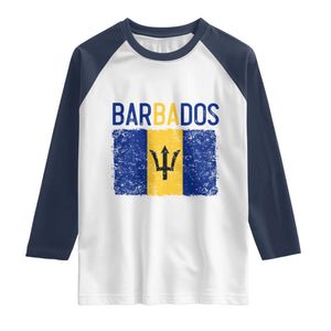 Vintage Distressed Barbados Flag Raglan Shirt Bajan Caribbean Heritage Patriotic Pride Gift TS10 White Navy Print Your Wear