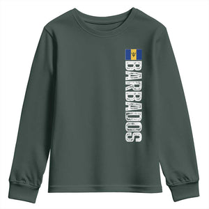 Barbados Flag Youth Sweatshirt Distressed Vertical Typography Caribbean Island Pride Heritage Gift TS10 Dark Forest Green Print Your Wear