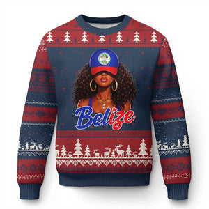 Belize Princess Ugly Christmas Sweater Melanin Afro Girl Belize Flag Heritage Gift for Black Girls TS10 Navy Red Print Your Wear