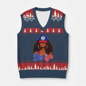 Belize Princess V-Neck Knit Sweater Vest Melanin Afro Girl Belize Flag Heritage Gift for Black Girls TS10 Navy Red Print Your Wear