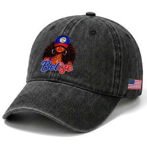 Belize Princess Washed Cotton Baseball Cap Melanin Afro Girl Belize Flag Heritage Gift for Black Girls TS10 Print Your Wear