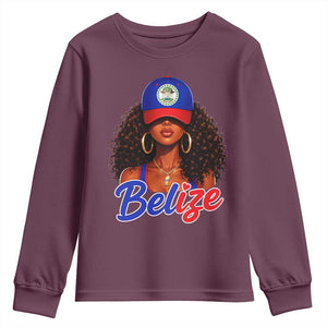 Belize Princess Youth Sweatshirt Melanin Afro Girl Belize Flag Heritage Gift for Black Girls TS10 Maroon Print Your Wear