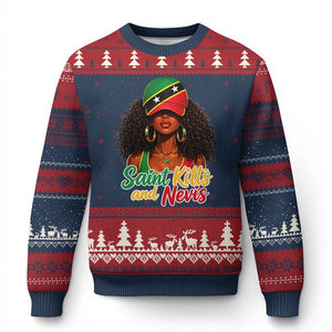 Saint Kitts and Nevis Princess Ugly Christmas Sweater Melanin Afro Girl Heritage Gift for Black Girls TS10 Navy Red Print Your Wear