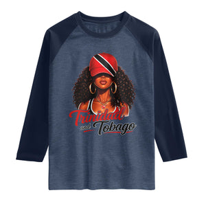 Trinidad and Tobago Afro Girl Raglan Shirt Trini Black Queen Caribbean Pride Heritage Gift TS10 Heather Denim Navy Print Your Wear