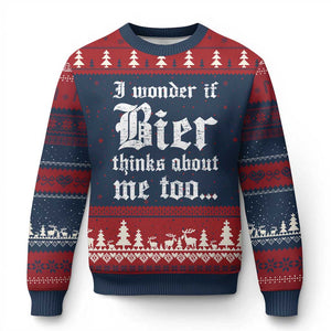 Funny Oktoberfest Ugly Christmas Sweater I Wonder If Bier Thinks About Me Too Sarcastic Drinking TS10 Navy Red Print Your Wear