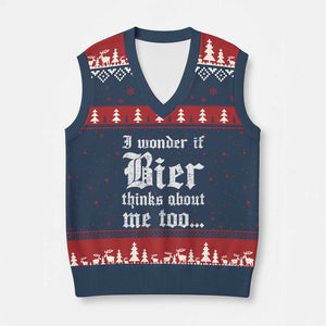 Funny Oktoberfest V-Neck Knit Sweater Vest I Wonder If Bier Thinks About Me Too Sarcastic Drinking TS10 Navy Red Print Your Wear