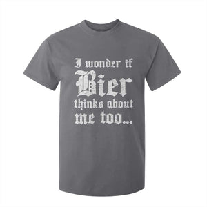 Funny Oktoberfest T Shirt For Kid I Wonder If Bier Thinks About Me Too Sarcastic Drinking TS10 Charcoal Print Your Wear