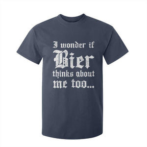 Funny Oktoberfest T Shirt For Kid I Wonder If Bier Thinks About Me Too Sarcastic Drinking TS10 Navy Print Your Wear