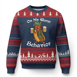 Oktoberfest On My Wurst Behavior Ugly Christmas Sweater Funny German TS10 Navy Red Print Your Wear