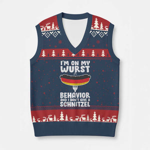 Oktoberfest On My Wurst Behavior V-Neck Knit Sweater Vest Dont Give Schnitzel Funny German TS10 Navy Red Print Your Wear
