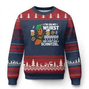 Funny Oktoberfest Ugly Christmas Sweater On My Wurst Behavior Sarcastic German TS10 Navy Red Print Your Wear