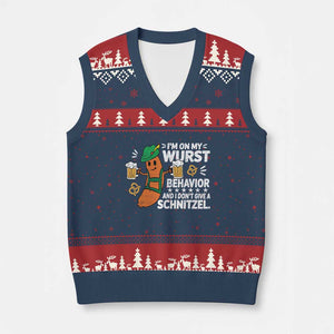 Funny Oktoberfest V-Neck Knit Sweater Vest On My Wurst Behavior Sarcastic German TS10 Navy Red Print Your Wear