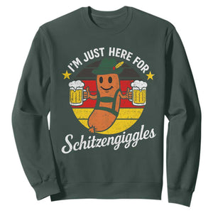 Funny Oktoberfest Sweatshirt Just Here for Schitzengiggles German Flag TS10 Dark Forest Green Print Your Wear