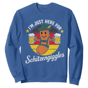 Funny Oktoberfest Sweatshirt Just Here for Schitzengiggles German Flag TS10 Royal Blue Print Your Wear