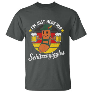 Funny Oktoberfest T Shirt Just Here for Schitzengiggles German Flag TS10 Dark Heather Print Your Wear