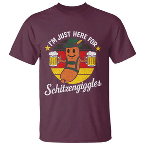 Funny Oktoberfest T Shirt Just Here for Schitzengiggles German Flag TS10 Maroon Print Your Wear