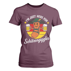 Funny Oktoberfest T Shirt For Women Just Here for Schitzengiggles German Flag TS10 Maroon Print Your Wear
