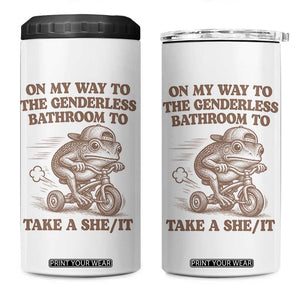 On My Way To The Genderless Bathroom To Take a She/It 4 in 1 Can Cooler Tumbler Funny Frog Graphic