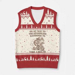 On My Way To The Genderless Bathroom To Take a She/It V-Neck Knit Sweater Vest Funny Frog Graphic