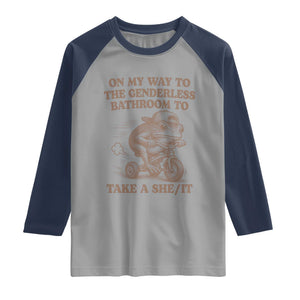 On My Way To The Genderless Bathroom To Take a She/It Raglan Shirt Funny Frog Graphic