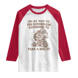 On My Way To The Genderless Bathroom To Take a She/It Raglan Shirt Funny Frog Graphic