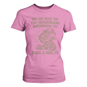 On My Way To The Genderless Bathroom To Take a She/It T Shirt For Women Funny Frog Graphic