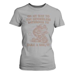 On My Way To The Genderless Bathroom To Take a She/It T Shirt For Women Funny Frog Graphic