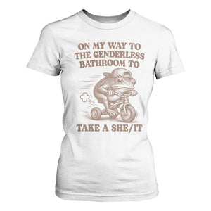On My Way To The Genderless Bathroom To Take a She/It T Shirt For Women Funny Frog Graphic