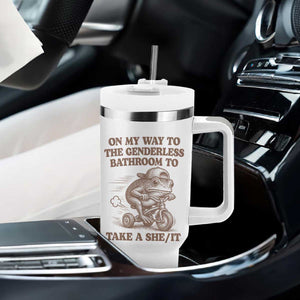 On My Way To The Genderless Bathroom To Take a She/It Tumbler With Handle Funny Frog Graphic