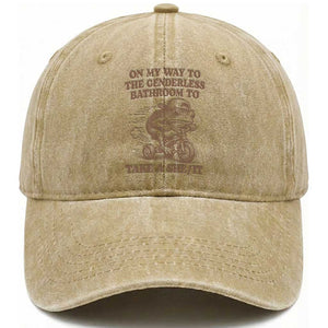 On My Way To The Genderless Bathroom To Take a She/It Washed Cotton Baseball Cap Funny Frog Graphic