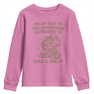 On My Way To The Genderless Bathroom To Take a She/It Youth Sweatshirt Funny Frog Graphic