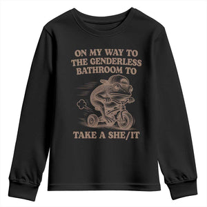 On My Way To The Genderless Bathroom To Take a She/It Youth Sweatshirt Funny Frog Graphic