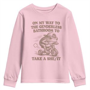 On My Way To The Genderless Bathroom To Take a She/It Youth Sweatshirt Funny Frog Graphic