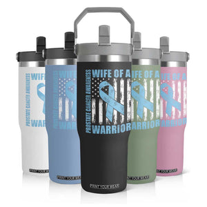 Wife Of A Warrior Prostate Cancer Awareness Flip Straw Tumbler American Flag Blue Ribbon Graphic