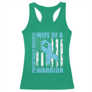 Wife Of A Warrior Prostate Cancer Awareness Racerback Tank Top American Flag Blue Ribbon Graphic