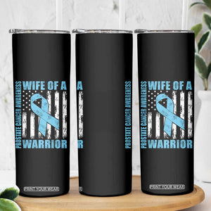 Wife Of A Warrior Prostate Cancer Awareness Skinny Tumbler American Flag Blue Ribbon Graphic