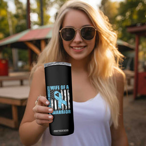 Wife Of A Warrior Prostate Cancer Awareness Skinny Tumbler American Flag Blue Ribbon Graphic