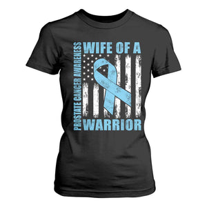 Wife Of A Warrior Prostate Cancer Awareness T Shirt For Women American Flag Blue Ribbon Graphic