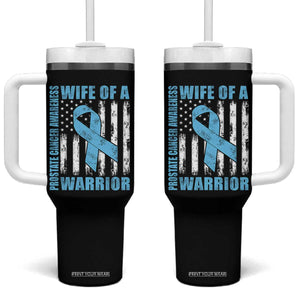 Wife Of A Warrior Prostate Cancer Awareness Tumbler With Handle American Flag Blue Ribbon Graphic