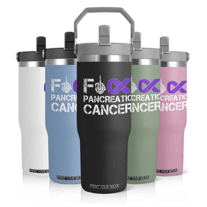 Fck Pancreatic Cancer Flip Straw Tumbler Purple Ribbon Skeleton Hand Graphic