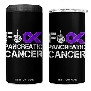 Fck Pancreatic Cancer 4 in 1 Can Cooler Tumbler Purple Ribbon Skeleton Hand Graphic