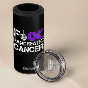 Fck Pancreatic Cancer 4 in 1 Can Cooler Tumbler Purple Ribbon Skeleton Hand Graphic